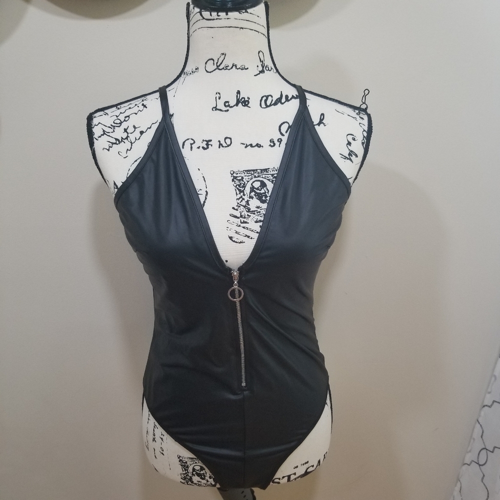 Bozzolo New, Black Faux Leather Bodysuit Size L, Front Zipper Closure...